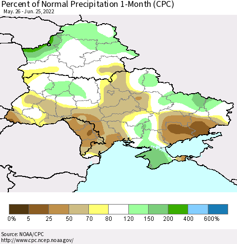 Ukraine, Moldova and Belarus Percent of Normal Precipitation 1-Month (CPC) Thematic Map For 5/26/2022 - 6/25/2022