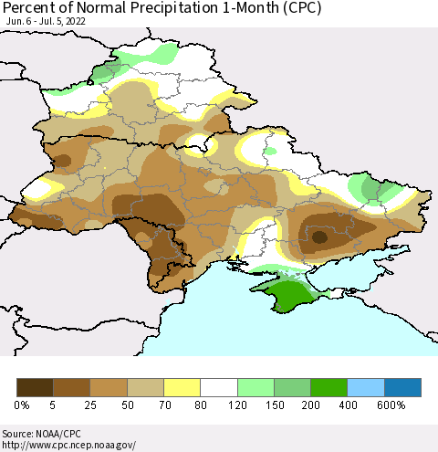 Ukraine, Moldova and Belarus Percent of Normal Precipitation 1-Month (CPC) Thematic Map For 6/6/2022 - 7/5/2022