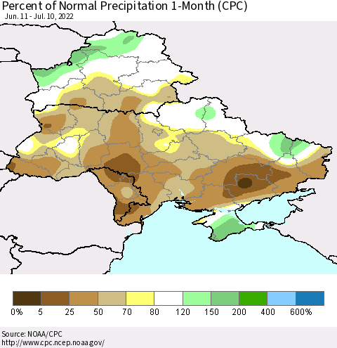 Ukraine, Moldova and Belarus Percent of Normal Precipitation 1-Month (CPC) Thematic Map For 6/11/2022 - 7/10/2022