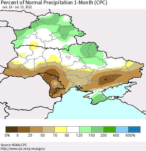 Ukraine, Moldova and Belarus Percent of Normal Precipitation 1-Month (CPC) Thematic Map For 6/16/2022 - 7/15/2022