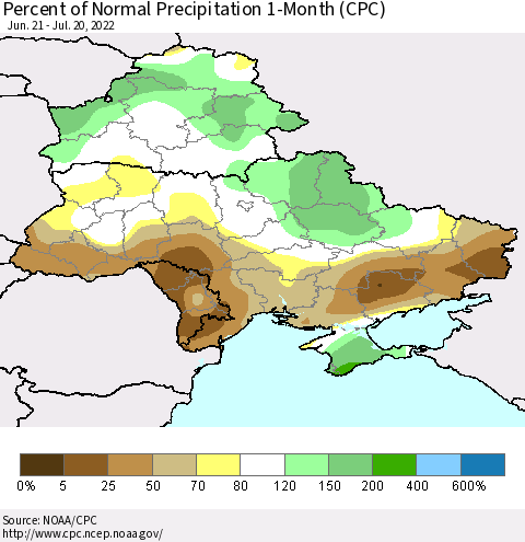 Ukraine, Moldova and Belarus Percent of Normal Precipitation 1-Month (CPC) Thematic Map For 6/21/2022 - 7/20/2022