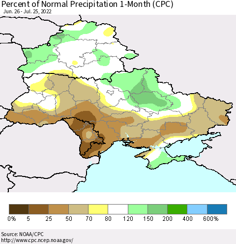 Ukraine, Moldova and Belarus Percent of Normal Precipitation 1-Month (CPC) Thematic Map For 6/26/2022 - 7/25/2022