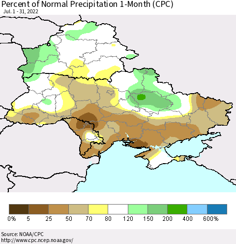 Ukraine, Moldova and Belarus Percent of Normal Precipitation 1-Month (CPC) Thematic Map For 7/1/2022 - 7/31/2022