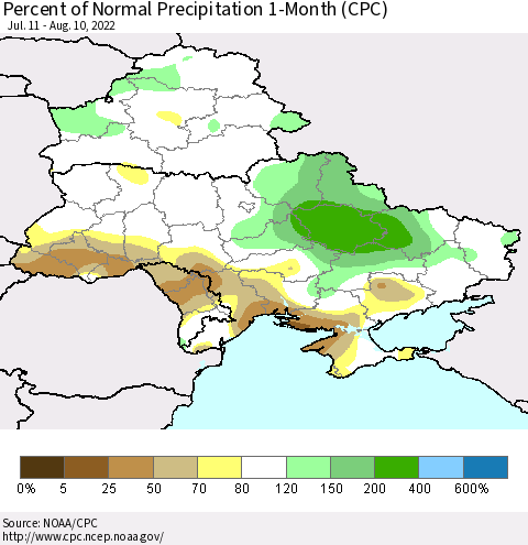 Ukraine, Moldova and Belarus Percent of Normal Precipitation 1-Month (CPC) Thematic Map For 7/11/2022 - 8/10/2022