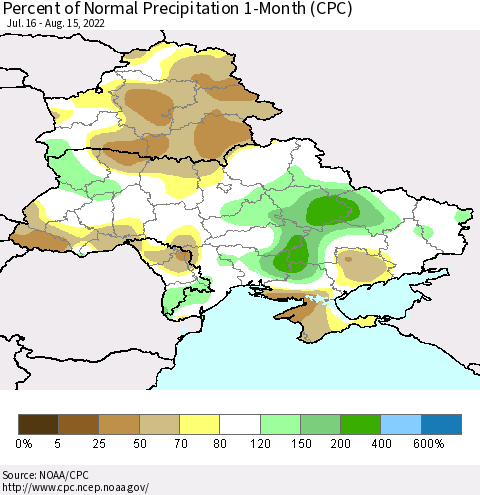 Ukraine, Moldova and Belarus Percent of Normal Precipitation 1-Month (CPC) Thematic Map For 7/16/2022 - 8/15/2022
