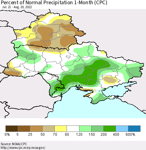 Ukraine, Moldova and Belarus Percent of Normal Precipitation 1-Month (CPC) Thematic Map For 7/21/2022 - 8/20/2022