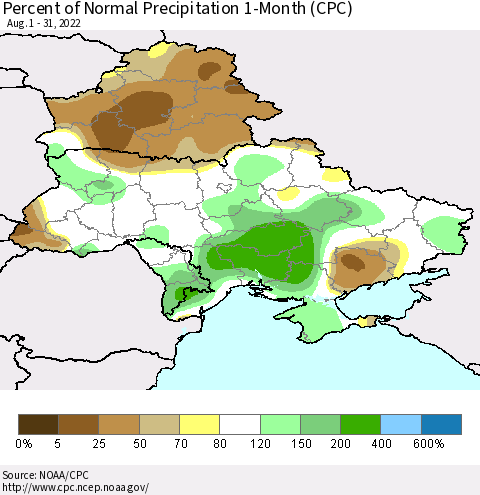 Ukraine, Moldova and Belarus Percent of Normal Precipitation 1-Month (CPC) Thematic Map For 8/1/2022 - 8/31/2022