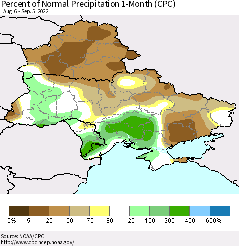 Ukraine, Moldova and Belarus Percent of Normal Precipitation 1-Month (CPC) Thematic Map For 8/6/2022 - 9/5/2022