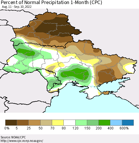Ukraine, Moldova and Belarus Percent of Normal Precipitation 1-Month (CPC) Thematic Map For 8/11/2022 - 9/10/2022