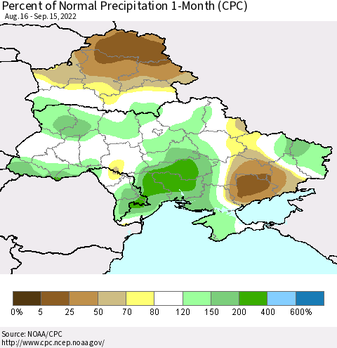 Ukraine, Moldova and Belarus Percent of Normal Precipitation 1-Month (CPC) Thematic Map For 8/16/2022 - 9/15/2022