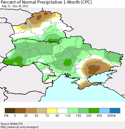 Ukraine, Moldova and Belarus Percent of Normal Precipitation 1-Month (CPC) Thematic Map For 8/21/2022 - 9/20/2022