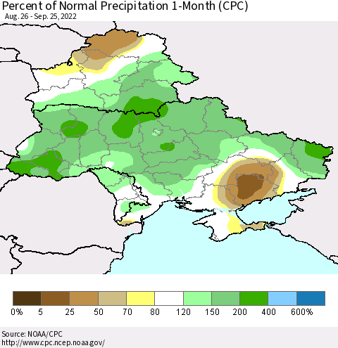 Ukraine, Moldova and Belarus Percent of Normal Precipitation 1-Month (CPC) Thematic Map For 8/26/2022 - 9/25/2022