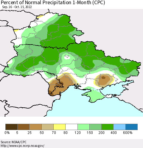 Ukraine, Moldova and Belarus Percent of Normal Precipitation 1-Month (CPC) Thematic Map For 9/16/2022 - 10/15/2022