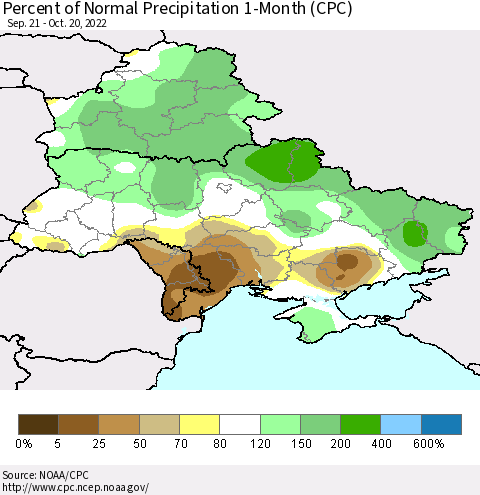 Ukraine, Moldova and Belarus Percent of Normal Precipitation 1-Month (CPC) Thematic Map For 9/21/2022 - 10/20/2022