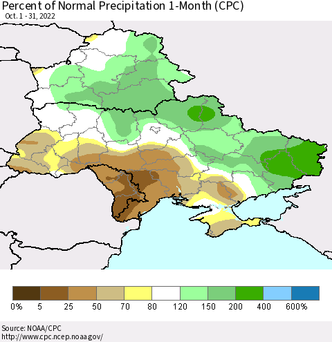 Ukraine, Moldova and Belarus Percent of Normal Precipitation 1-Month (CPC) Thematic Map For 10/1/2022 - 10/31/2022