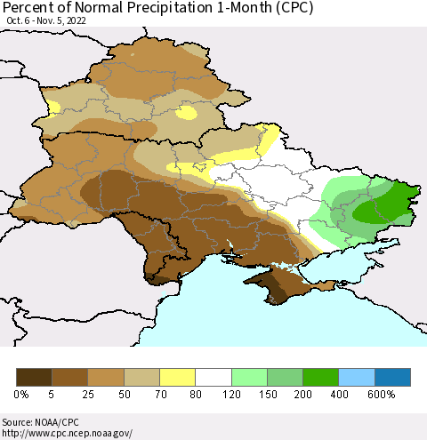 Ukraine, Moldova and Belarus Percent of Normal Precipitation 1-Month (CPC) Thematic Map For 10/6/2022 - 11/5/2022