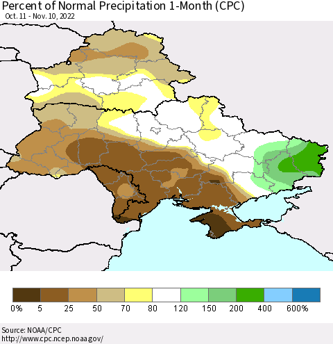 Ukraine, Moldova and Belarus Percent of Normal Precipitation 1-Month (CPC) Thematic Map For 10/11/2022 - 11/10/2022