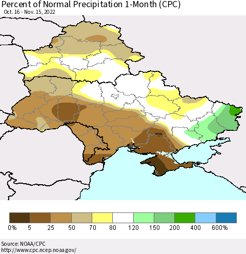 Ukraine, Moldova and Belarus Percent of Normal Precipitation 1-Month (CPC) Thematic Map For 10/16/2022 - 11/15/2022