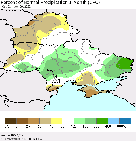 Ukraine, Moldova and Belarus Percent of Normal Precipitation 1-Month (CPC) Thematic Map For 10/21/2022 - 11/20/2022