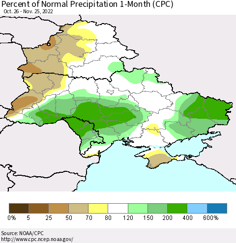 Ukraine, Moldova and Belarus Percent of Normal Precipitation 1-Month (CPC) Thematic Map For 10/26/2022 - 11/25/2022