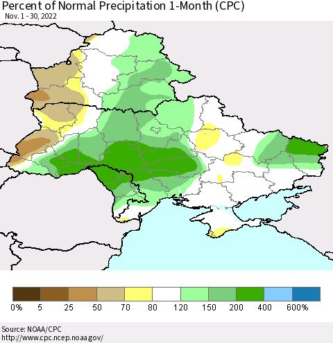 Ukraine, Moldova and Belarus Percent of Normal Precipitation 1-Month (CPC) Thematic Map For 11/1/2022 - 11/30/2022