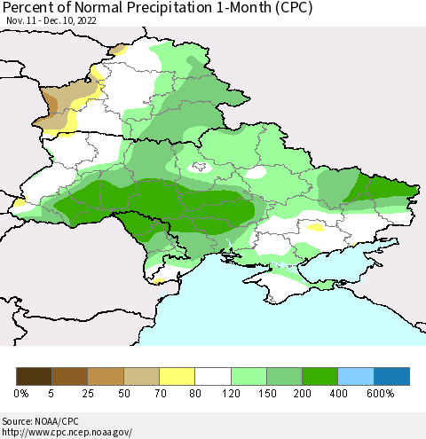 Ukraine, Moldova and Belarus Percent of Normal Precipitation 1-Month (CPC) Thematic Map For 11/11/2022 - 12/10/2022