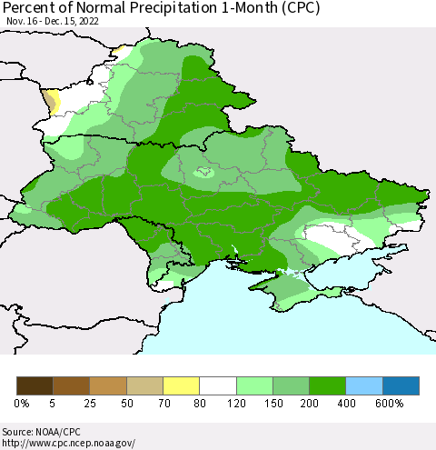 Ukraine, Moldova and Belarus Percent of Normal Precipitation 1-Month (CPC) Thematic Map For 11/16/2022 - 12/15/2022