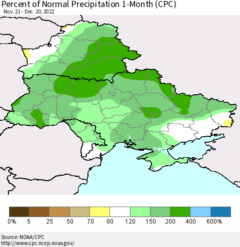 Ukraine, Moldova and Belarus Percent of Normal Precipitation 1-Month (CPC) Thematic Map For 11/21/2022 - 12/20/2022