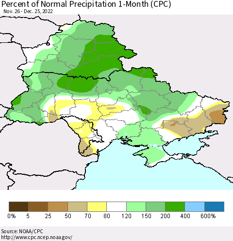 Ukraine, Moldova and Belarus Percent of Normal Precipitation 1-Month (CPC) Thematic Map For 11/26/2022 - 12/25/2022