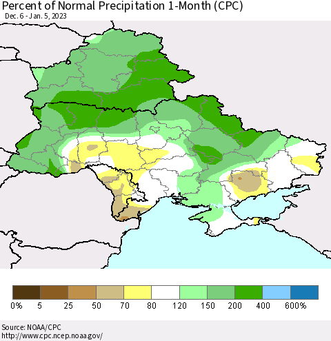 Ukraine, Moldova and Belarus Percent of Normal Precipitation 1-Month (CPC) Thematic Map For 12/6/2022 - 1/5/2023
