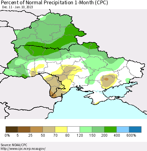 Ukraine, Moldova and Belarus Percent of Normal Precipitation 1-Month (CPC) Thematic Map For 12/11/2022 - 1/10/2023