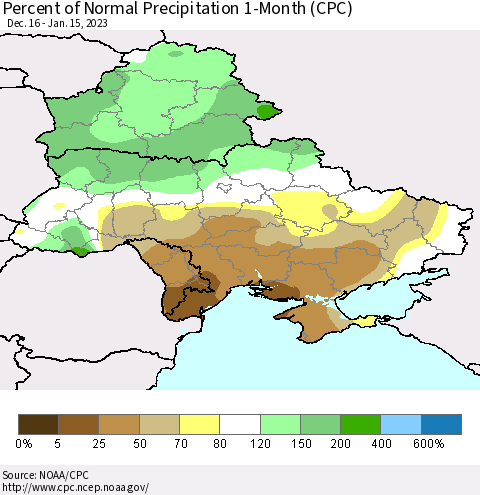 Ukraine, Moldova and Belarus Percent of Normal Precipitation 1-Month (CPC) Thematic Map For 12/16/2022 - 1/15/2023