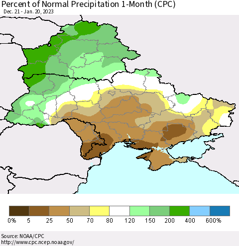 Ukraine, Moldova and Belarus Percent of Normal Precipitation 1-Month (CPC) Thematic Map For 12/21/2022 - 1/20/2023