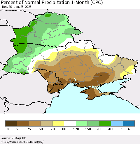 Ukraine, Moldova and Belarus Percent of Normal Precipitation 1-Month (CPC) Thematic Map For 12/26/2022 - 1/25/2023