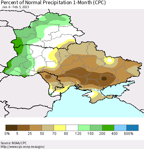 Ukraine, Moldova and Belarus Percent of Normal Precipitation 1-Month (CPC) Thematic Map For 1/6/2023 - 2/5/2023