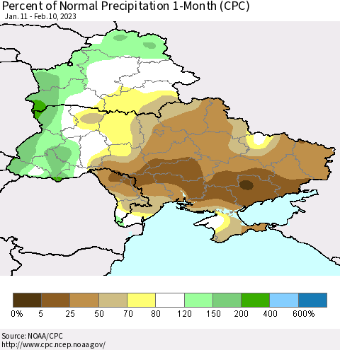 Ukraine, Moldova and Belarus Percent of Normal Precipitation 1-Month (CPC) Thematic Map For 1/11/2023 - 2/10/2023