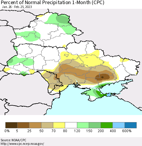 Ukraine, Moldova and Belarus Percent of Normal Precipitation 1-Month (CPC) Thematic Map For 1/26/2023 - 2/25/2023