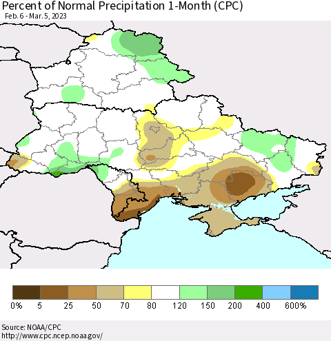 Ukraine, Moldova and Belarus Percent of Normal Precipitation 1-Month (CPC) Thematic Map For 2/6/2023 - 3/5/2023