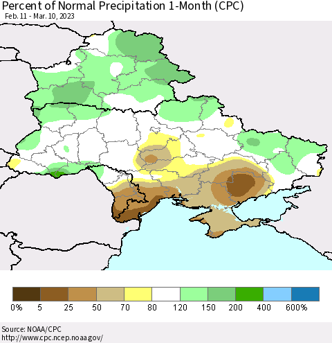 Ukraine, Moldova and Belarus Percent of Normal Precipitation 1-Month (CPC) Thematic Map For 2/11/2023 - 3/10/2023