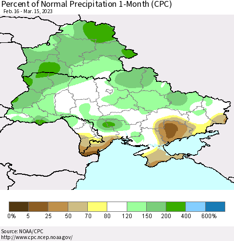 Ukraine, Moldova and Belarus Percent of Normal Precipitation 1-Month (CPC) Thematic Map For 2/16/2023 - 3/15/2023