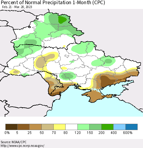 Ukraine, Moldova and Belarus Percent of Normal Precipitation 1-Month (CPC) Thematic Map For 2/21/2023 - 3/20/2023