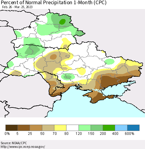Ukraine, Moldova and Belarus Percent of Normal Precipitation 1-Month (CPC) Thematic Map For 2/26/2023 - 3/25/2023