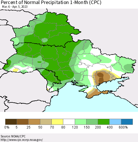 Ukraine, Moldova and Belarus Percent of Normal Precipitation 1-Month (CPC) Thematic Map For 3/6/2023 - 4/5/2023