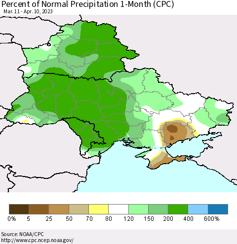 Ukraine, Moldova and Belarus Percent of Normal Precipitation 1-Month (CPC) Thematic Map For 3/11/2023 - 4/10/2023