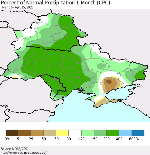 Ukraine, Moldova and Belarus Percent of Normal Precipitation 1-Month (CPC) Thematic Map For 3/16/2023 - 4/15/2023