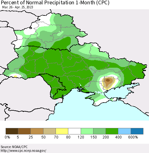 Ukraine, Moldova and Belarus Percent of Normal Precipitation 1-Month (CPC) Thematic Map For 3/26/2023 - 4/25/2023