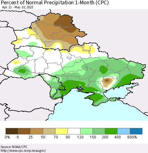 Ukraine, Moldova and Belarus Percent of Normal Precipitation 1-Month (CPC) Thematic Map For 4/11/2023 - 5/10/2023
