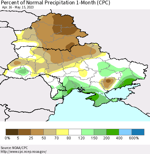 Ukraine, Moldova and Belarus Percent of Normal Precipitation 1-Month (CPC) Thematic Map For 4/16/2023 - 5/15/2023