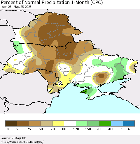 Ukraine, Moldova and Belarus Percent of Normal Precipitation 1-Month (CPC) Thematic Map For 4/26/2023 - 5/25/2023