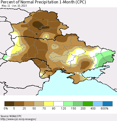 Ukraine, Moldova and Belarus Percent of Normal Precipitation 1-Month (CPC) Thematic Map For 5/11/2023 - 6/10/2023